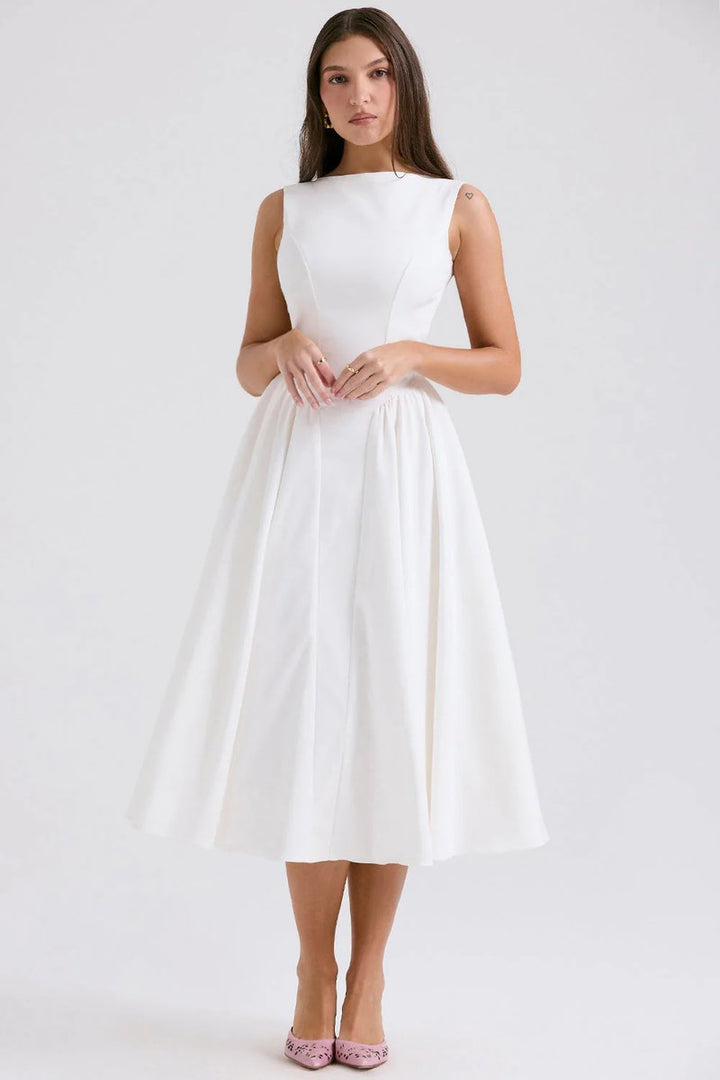 Women's Sleeveless Fit-and-Flare Fall Midi Dress Bateau Neck
