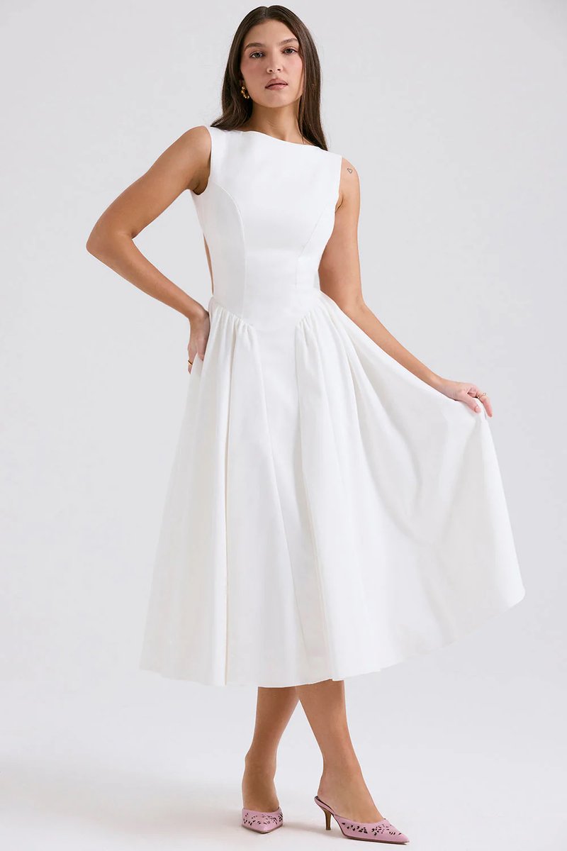 Women's Sleeveless Fit-and-Flare Fall Midi Dress Bateau Neck