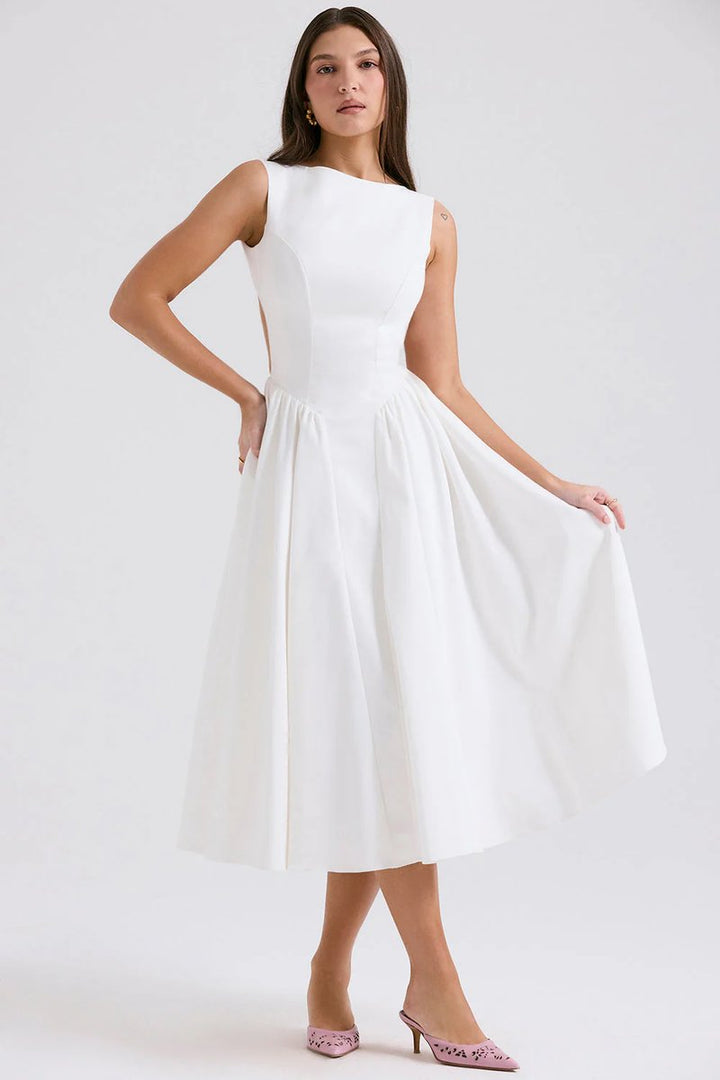 Women's Sleeveless Fit-and-Flare Fall Midi Dress Bateau Neck