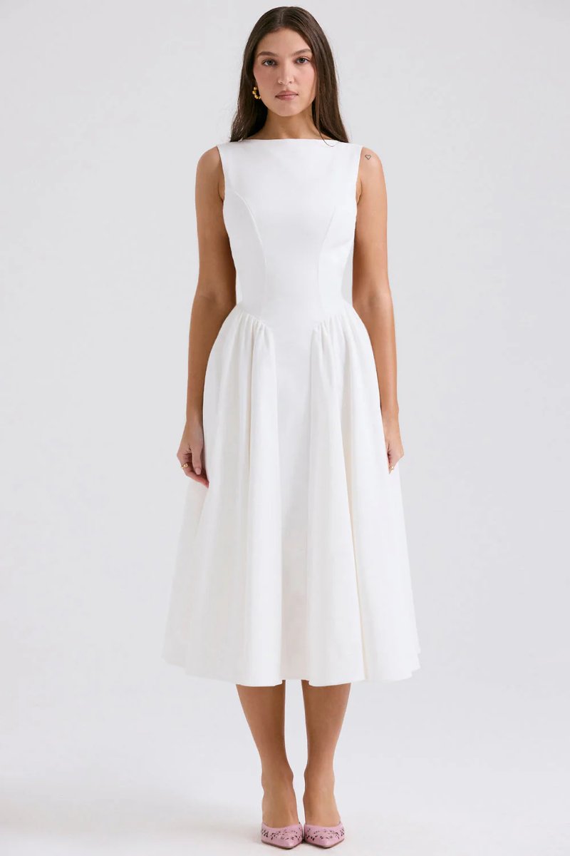 Women's Sleeveless Fit-and-Flare Fall Midi Dress Bateau Neck