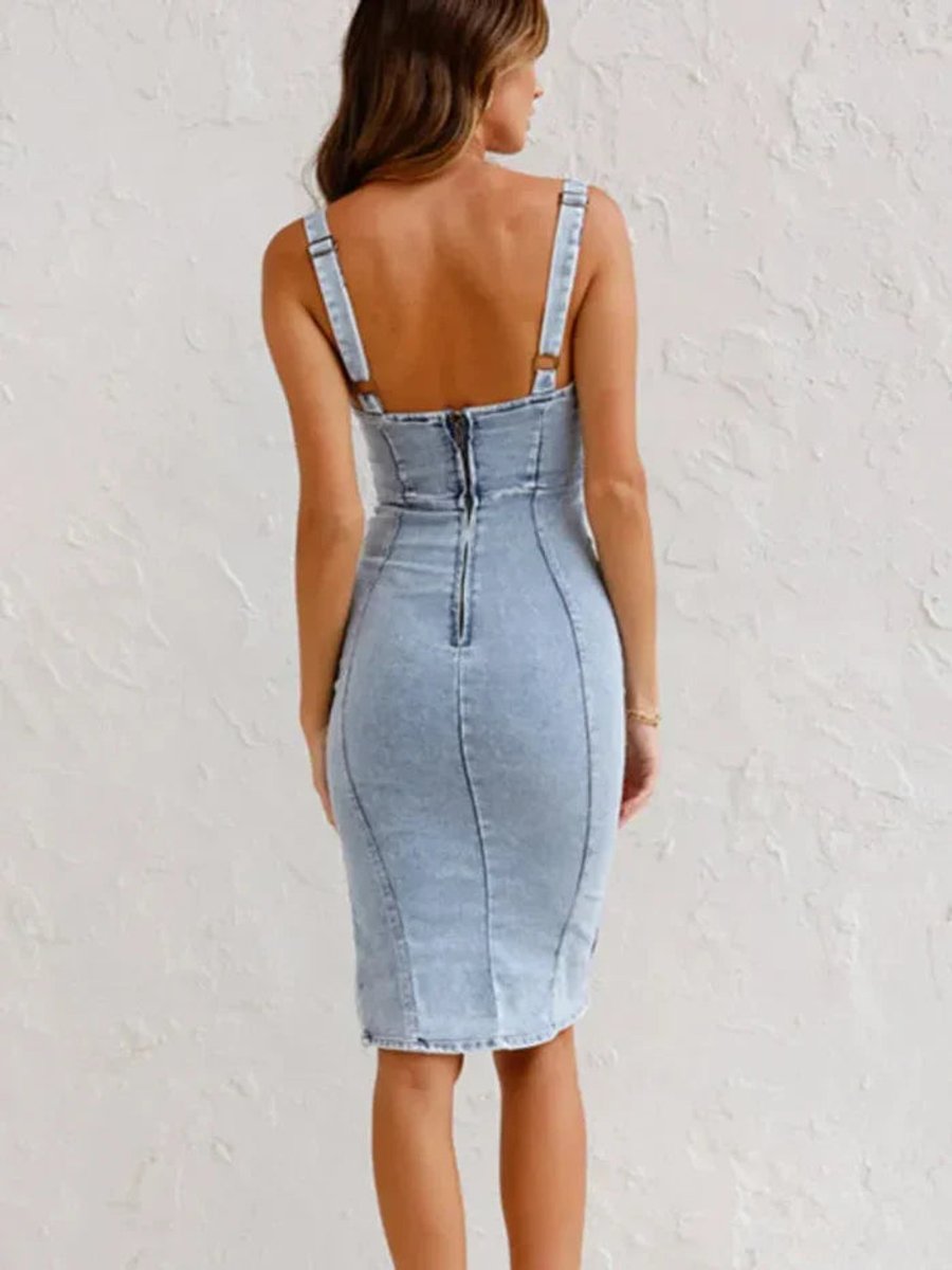Women's Sleeveless Fitted Denim Midi Formal Dress Side Slit