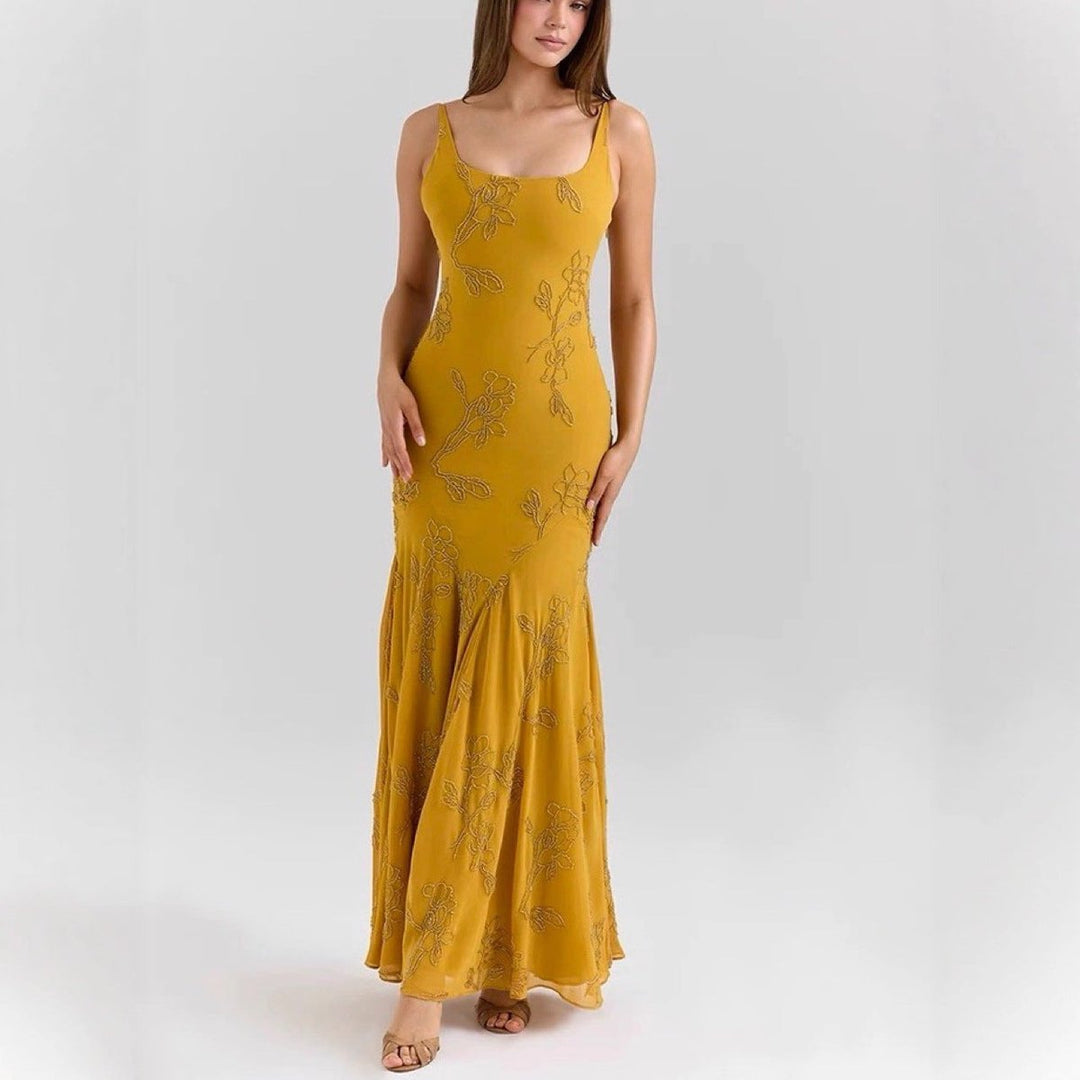 Women's Sleeveless Floral Embroidered Midi Formal Dress