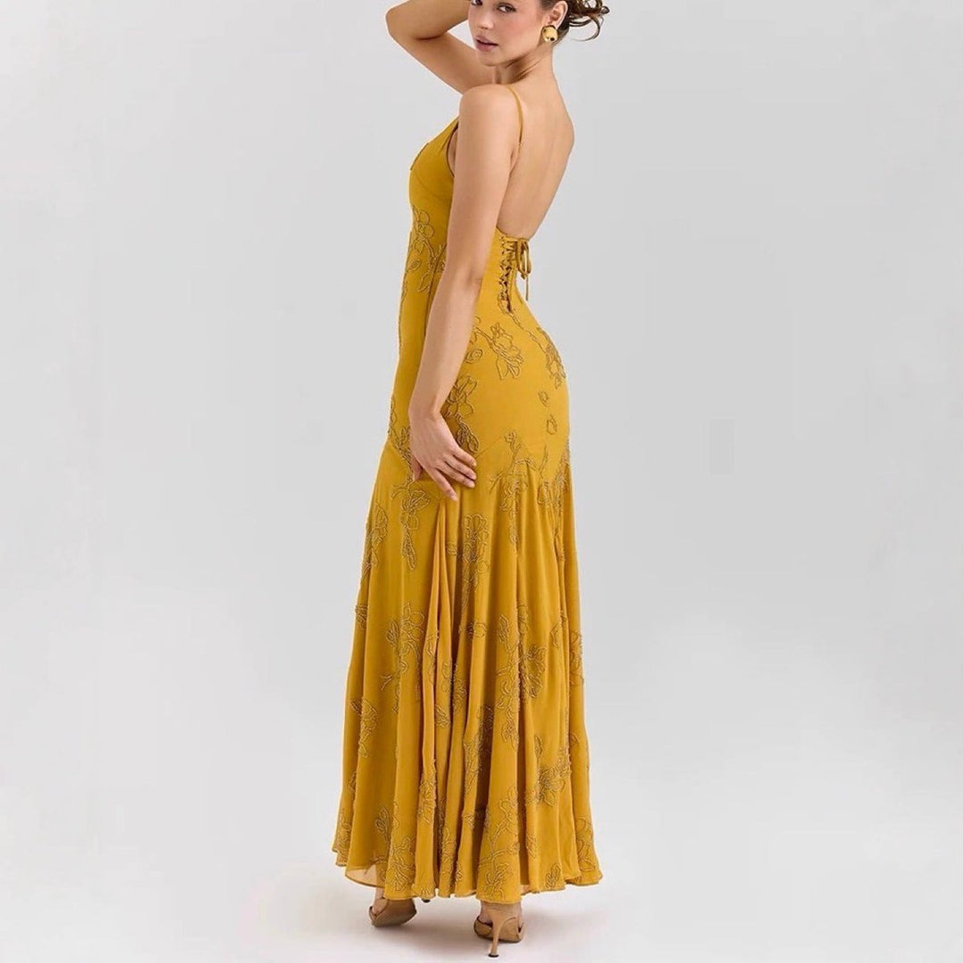 Women's Sleeveless Floral Embroidered Midi Formal Dress