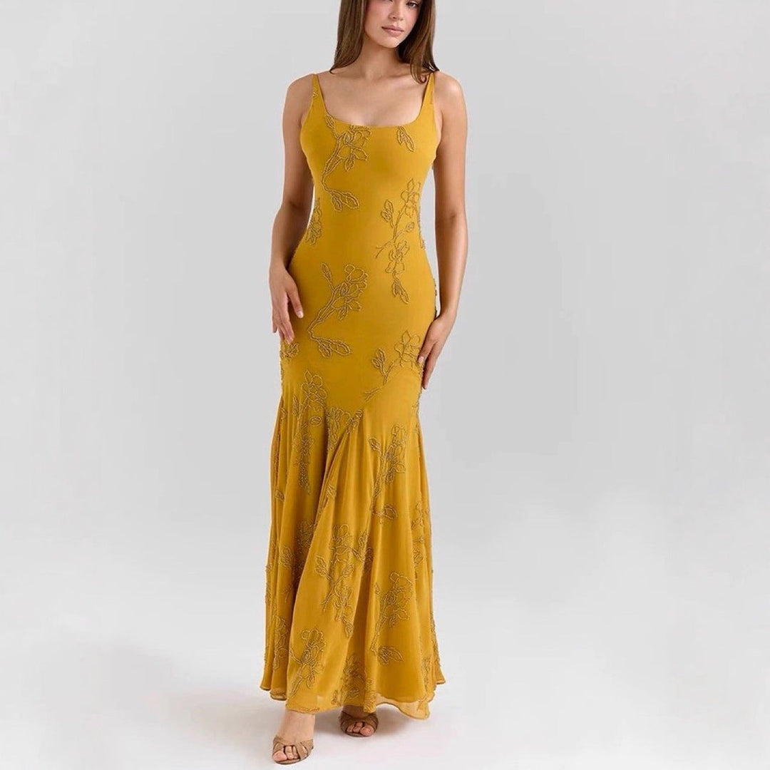 Women's Sleeveless Floral Embroidered Midi Formal Dress