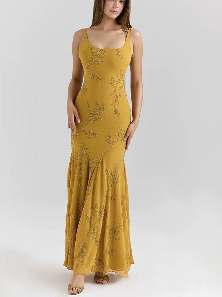 Women's Sleeveless Floral Embroidered Midi Formal Dress