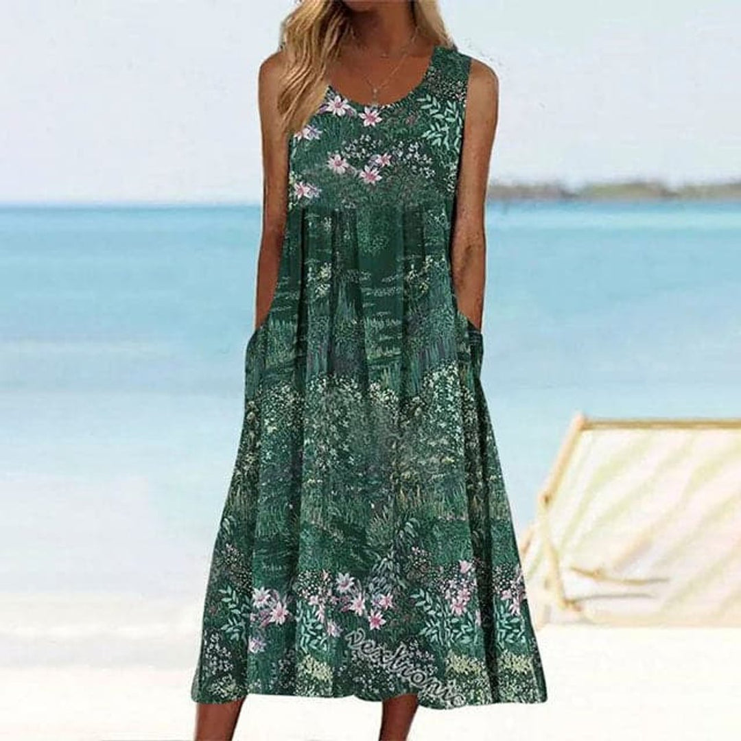 Women's Sleeveless Floral Pocket Fall Midi Dress A-Line