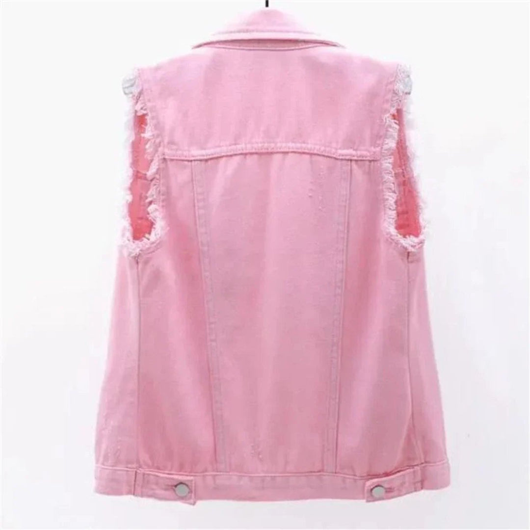 Women's Sleeveless Frayed-Edge Button-Front Denim Jacket Vest