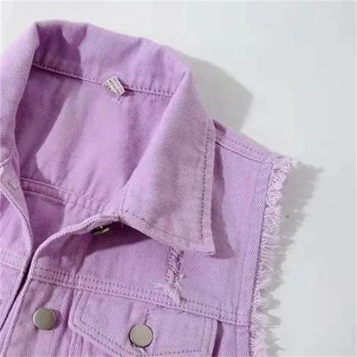Women's Sleeveless Frayed-Edge Button-Front Denim Jacket Vest