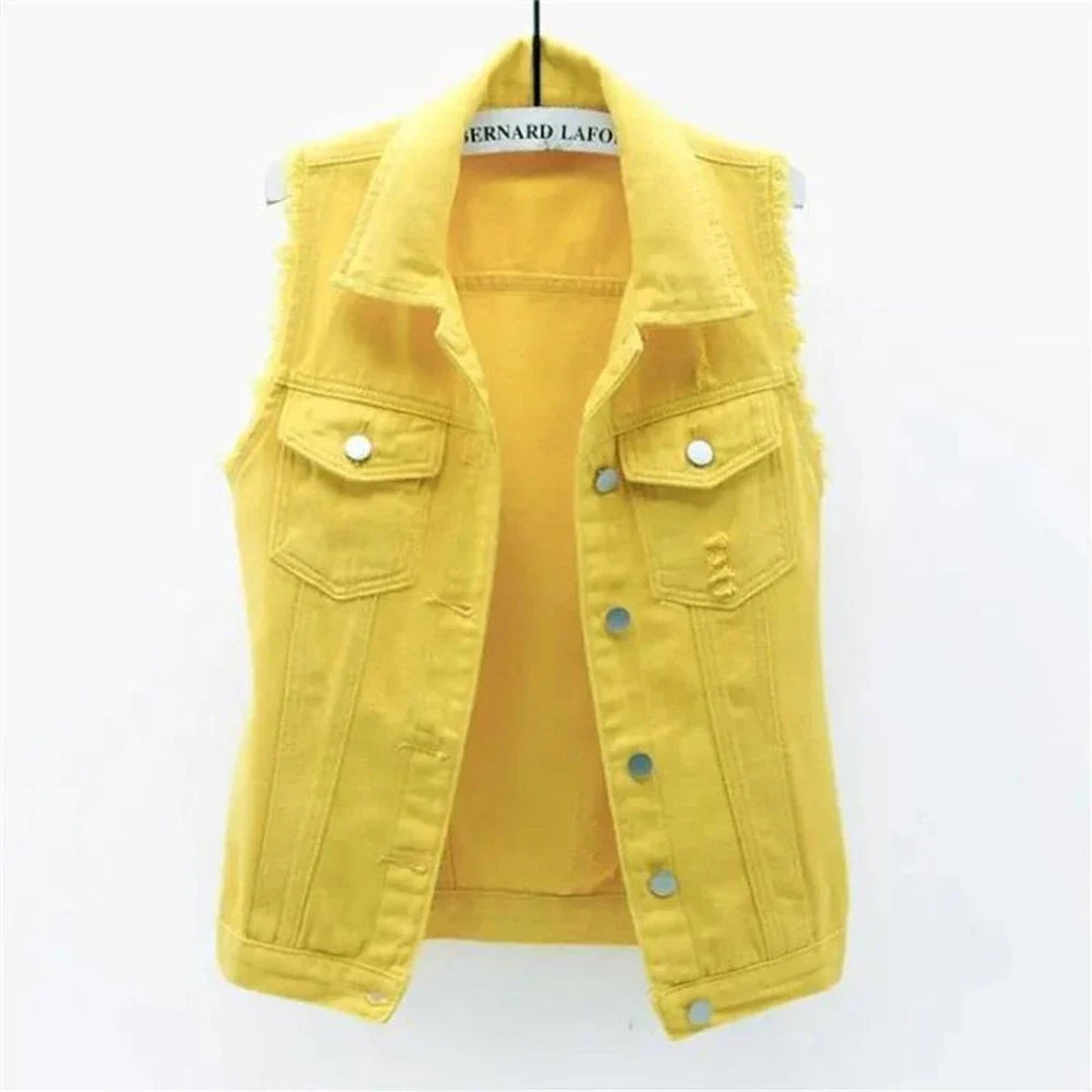 Women's Sleeveless Frayed-Edge Button-Front Denim Jacket Vest