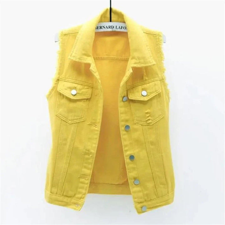 Women's Sleeveless Frayed-Edge Button-Front Denim Jacket Vest