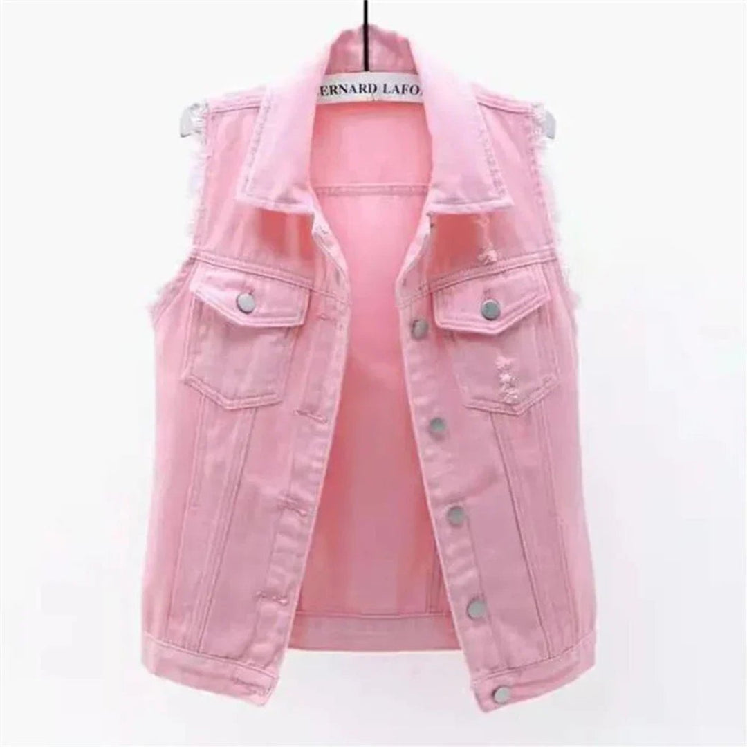 Women's Sleeveless Frayed-Edge Button-Front Denim Jacket Vest
