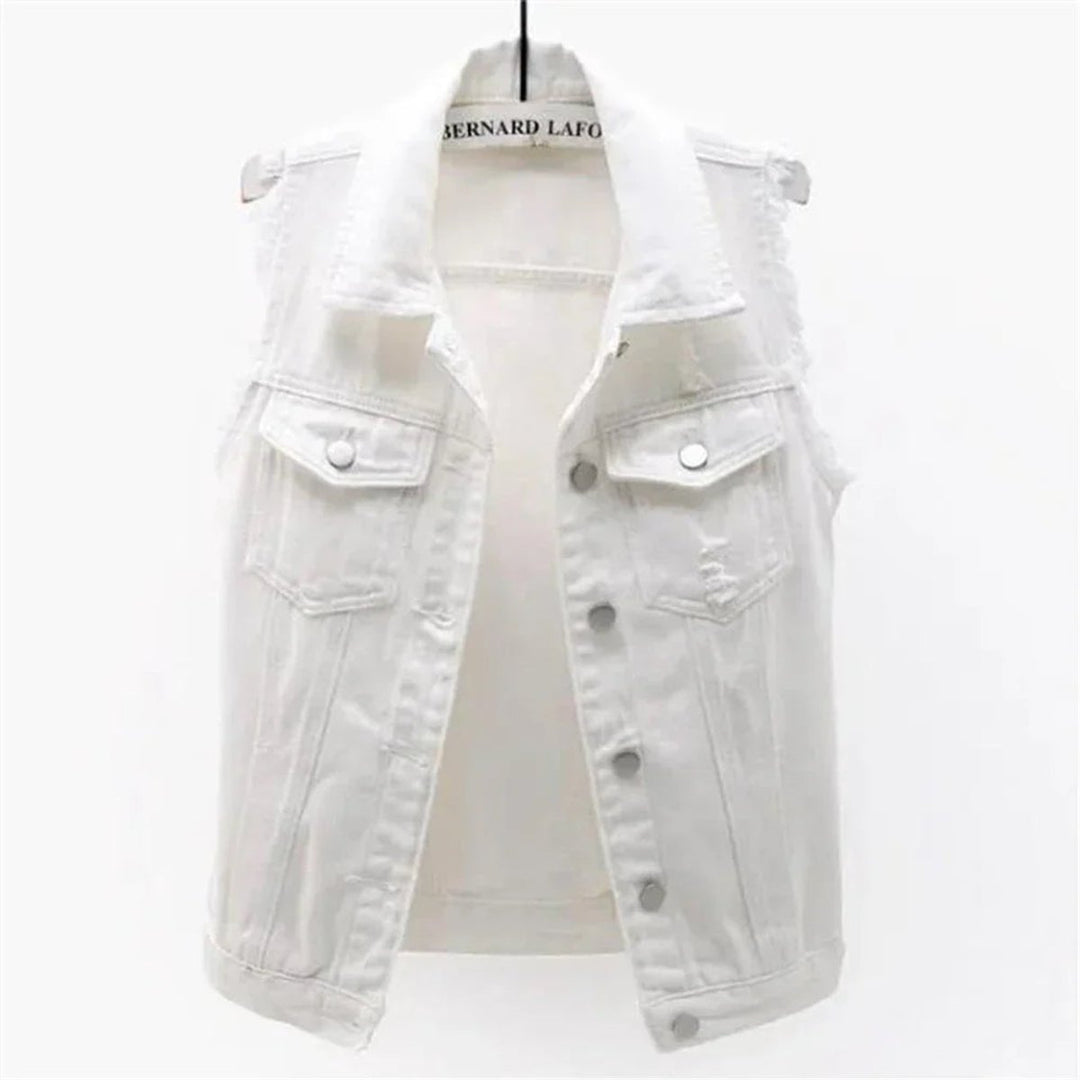 Women's Sleeveless Frayed-Edge Button-Front Denim Jacket Vest