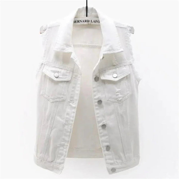 Women's Sleeveless Frayed-Edge Button-Front Denim Jacket Vest