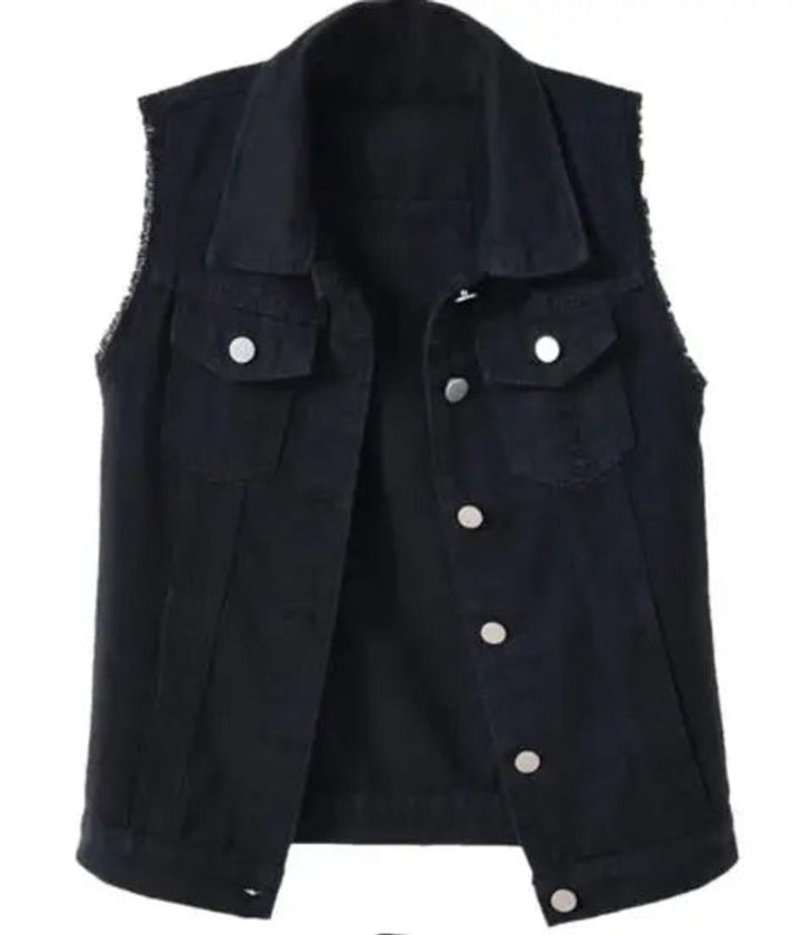 Women's Sleeveless Frayed-Edge Button-Front Denim Jacket Vest