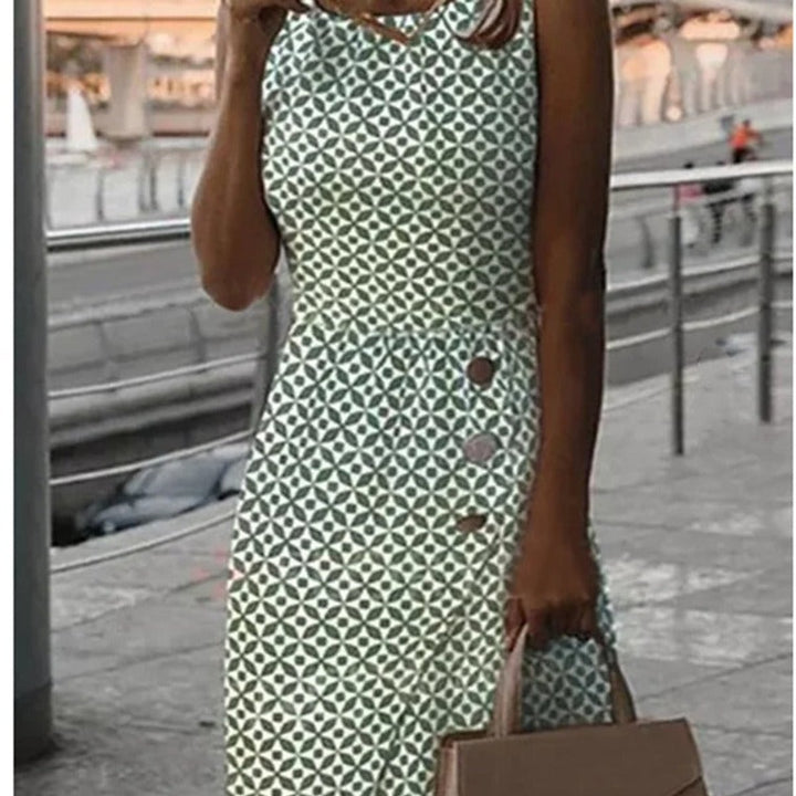 Women's Sleeveless Geometric Print Fall Midi Dress Pencil Skirt