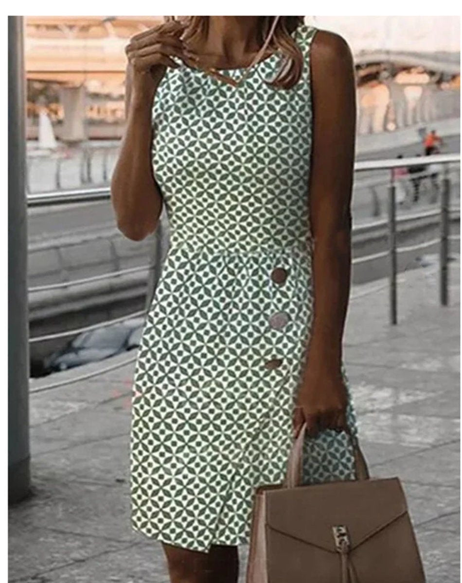 Women's Sleeveless Geometric Print Fall Midi Dress Pencil Skirt