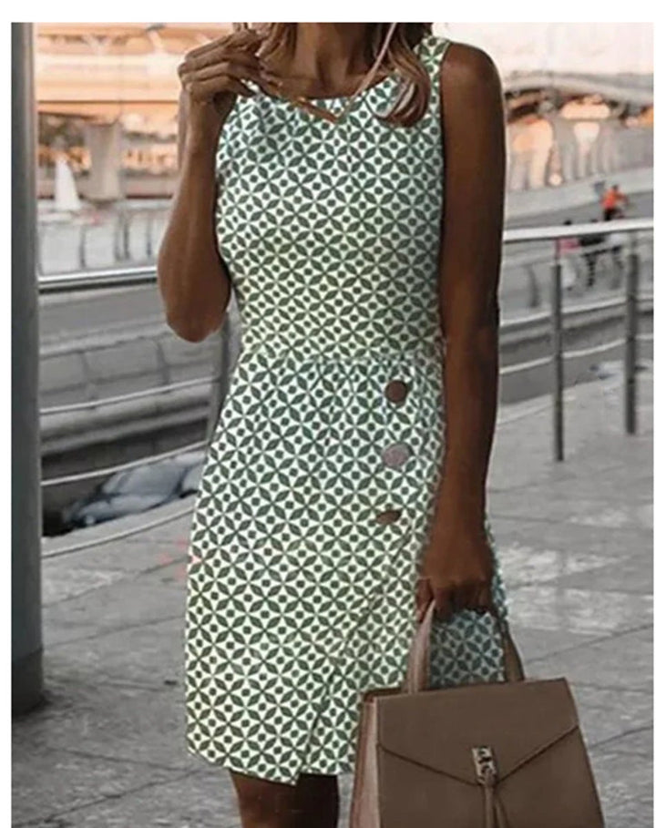 Women's Sleeveless Geometric Print Fall Midi Dress Pencil Skirt