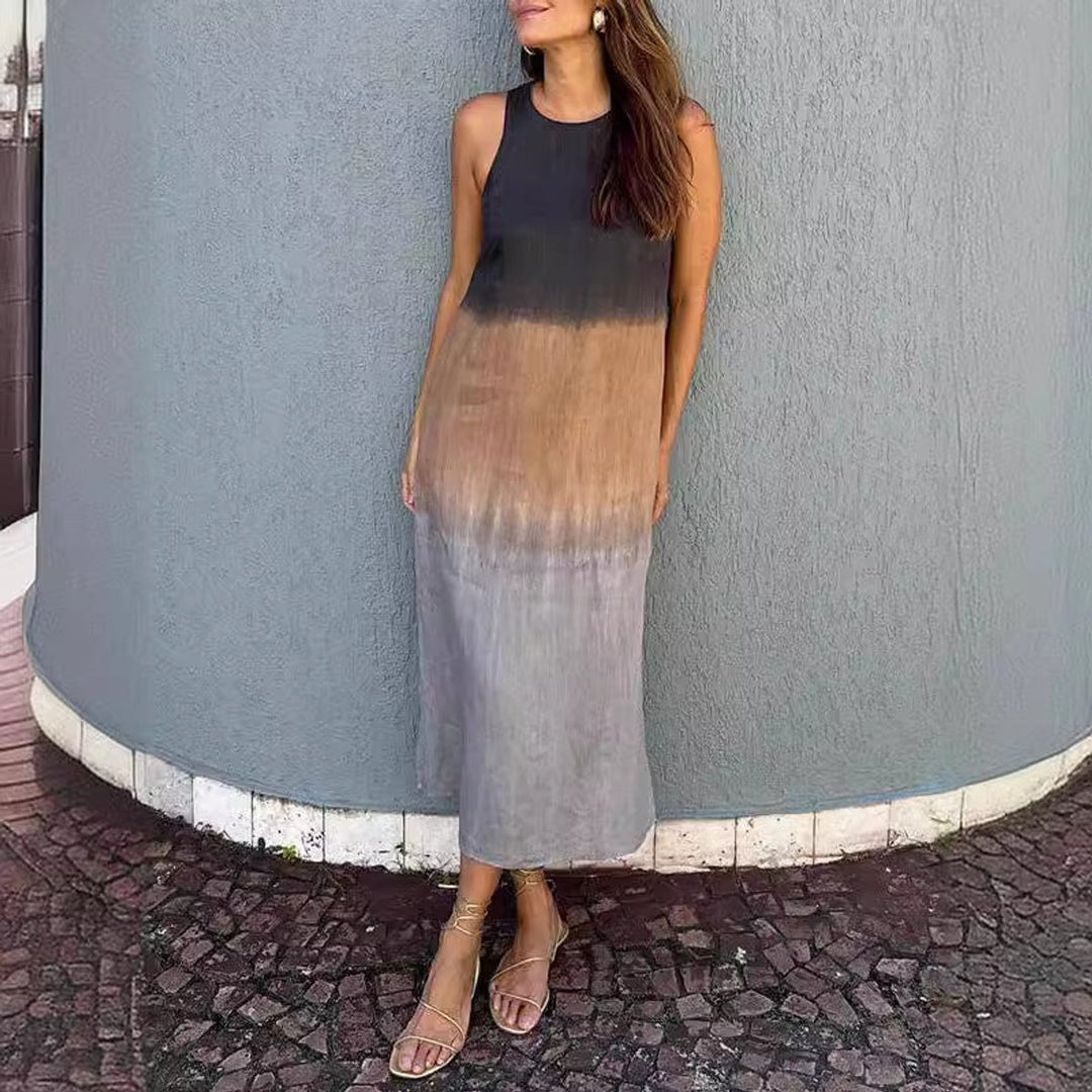 Women's Sleeveless Gradient Tie-Dye Cotton Linen Fall Midi Dress