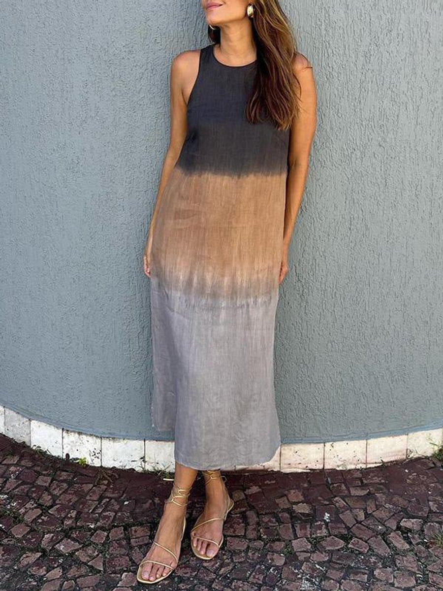Women's Sleeveless Gradient Tie-Dye Cotton Linen Fall Midi Dress