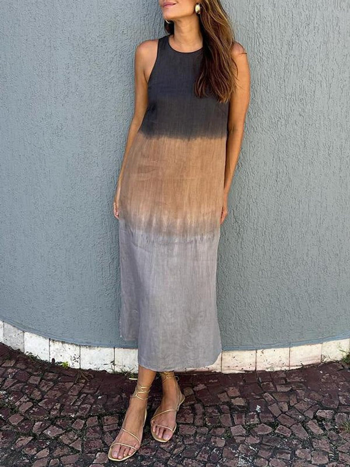 Women's Sleeveless Gradient Tie-Dye Cotton Linen Fall Midi Dress