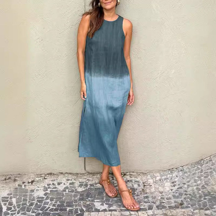 Women's Sleeveless Gradient Tie-Dye Cotton Linen Fall Midi Dress