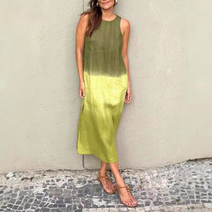 Women's Sleeveless Gradient Tie-Dye Cotton Linen Fall Midi Dress