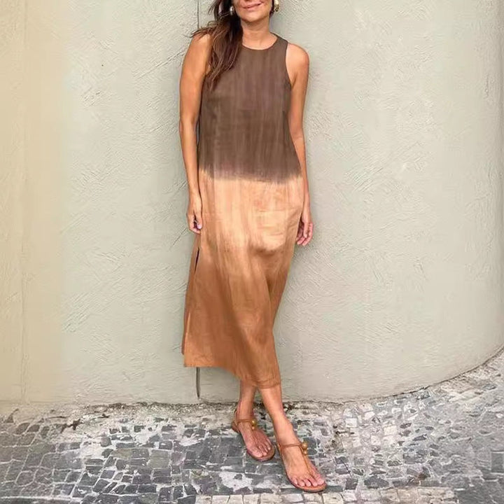 Women's Sleeveless Gradient Tie-Dye Cotton Linen Fall Midi Dress
