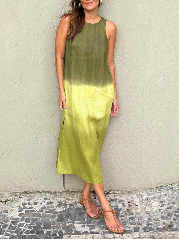 Women's Sleeveless Gradient Tie-Dye Cotton Linen Fall Midi Dress