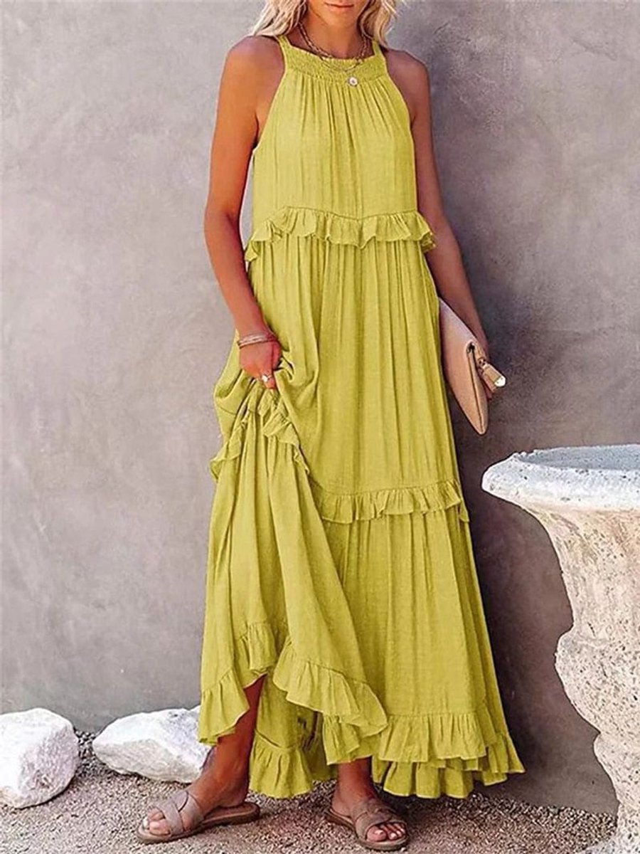 Women's Sleeveless Halter Neck Ruffle Tiered Formal Dress Maxi