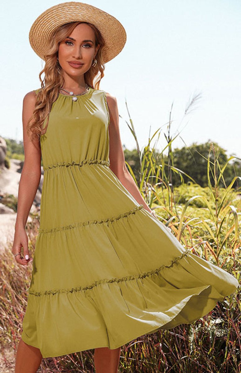 Women's Sleeveless High-Waist Tiered Fall Midi Dress