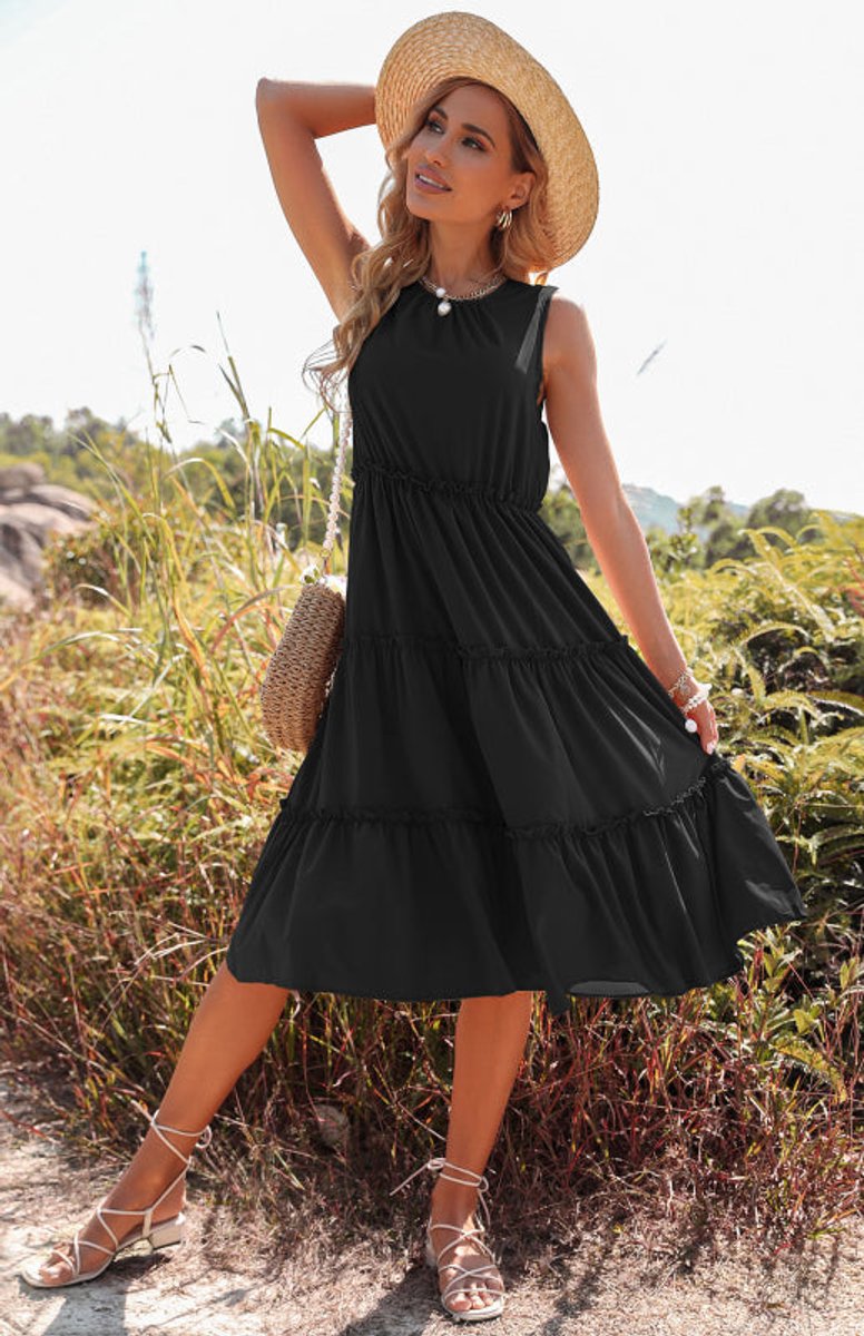 Women's Sleeveless High-Waist Tiered Fall Midi Dress