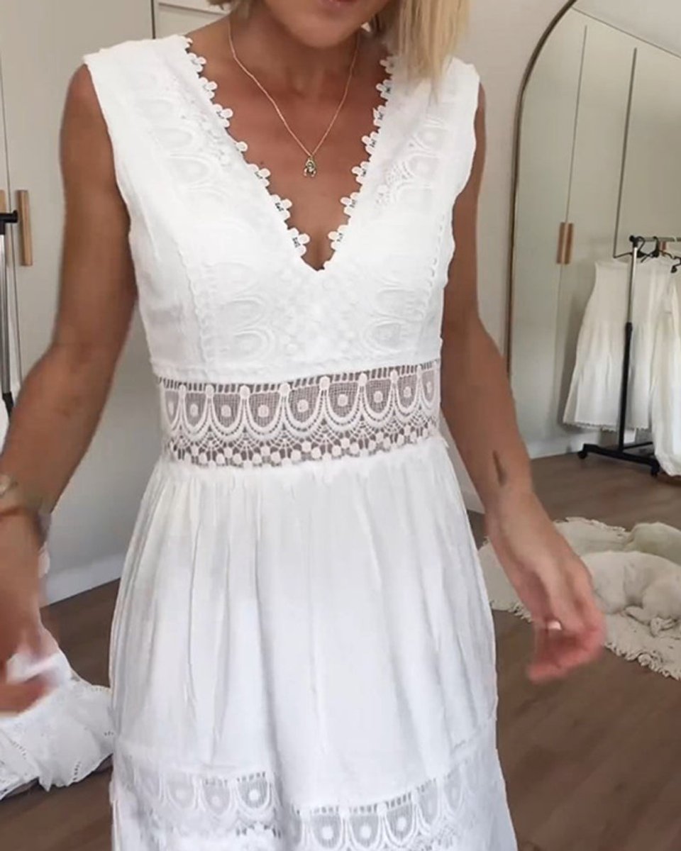 Women's Sleeveless Lace-Trim V-Neck Fall Midi Dress