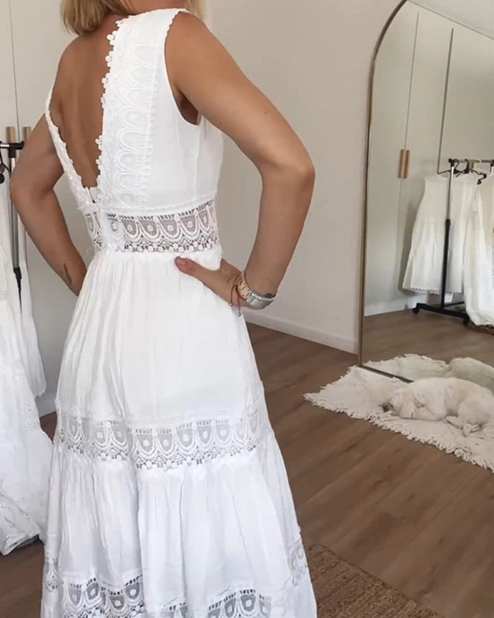 Women's Sleeveless Lace-Trim V-Neck Fall Midi Dress
