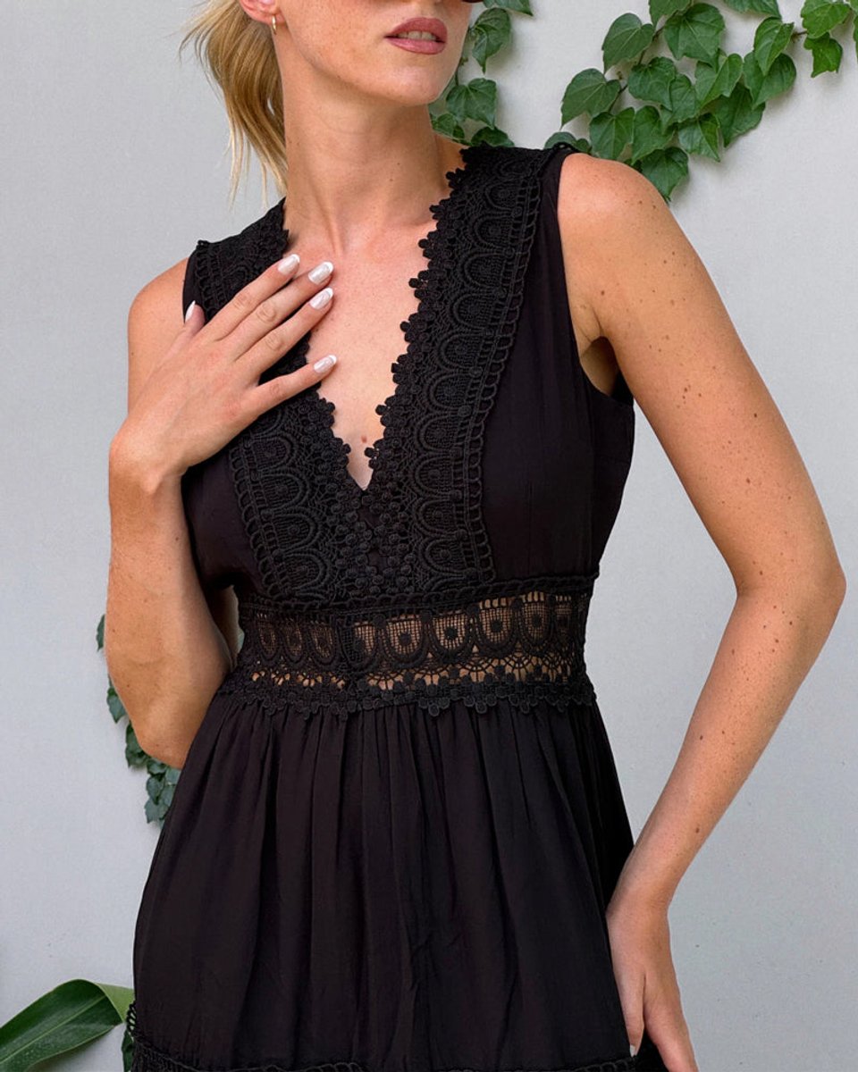 Women's Sleeveless Lace-Trim V-Neck Fall Midi Dress