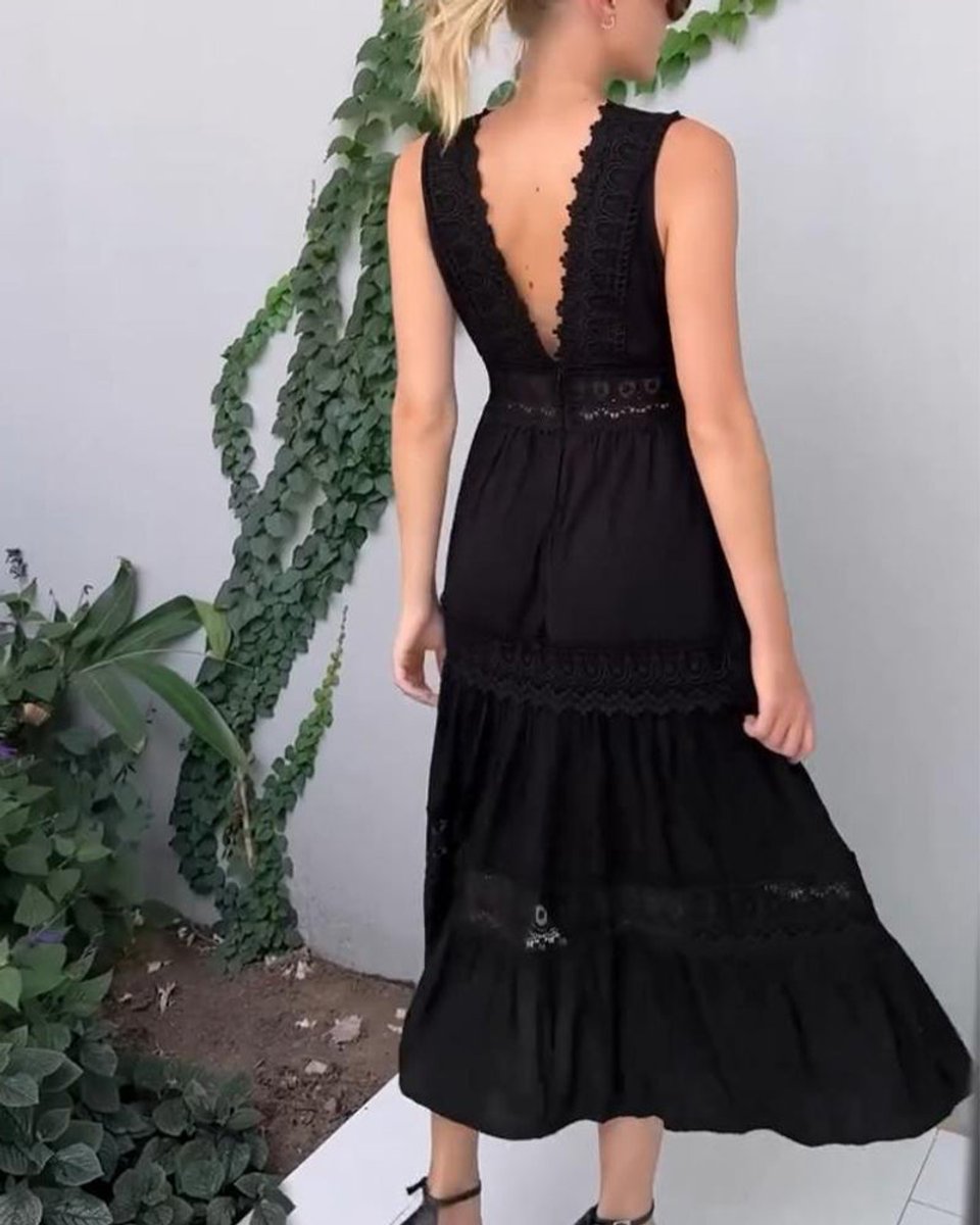 Women's Sleeveless Lace-Trim V-Neck Fall Midi Dress