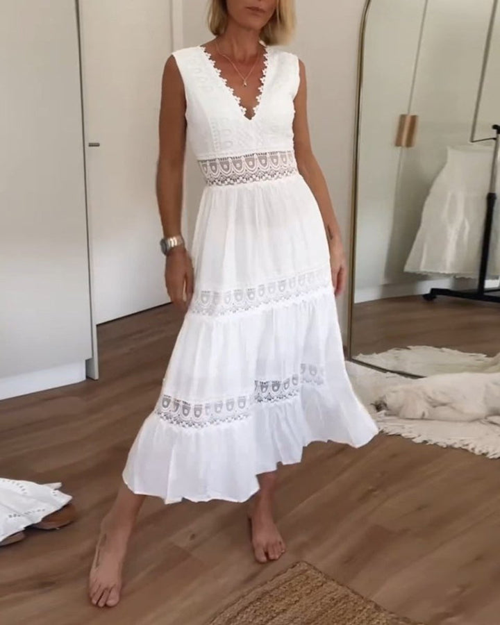 Women's Sleeveless Lace-Trim V-Neck Fall Midi Dress
