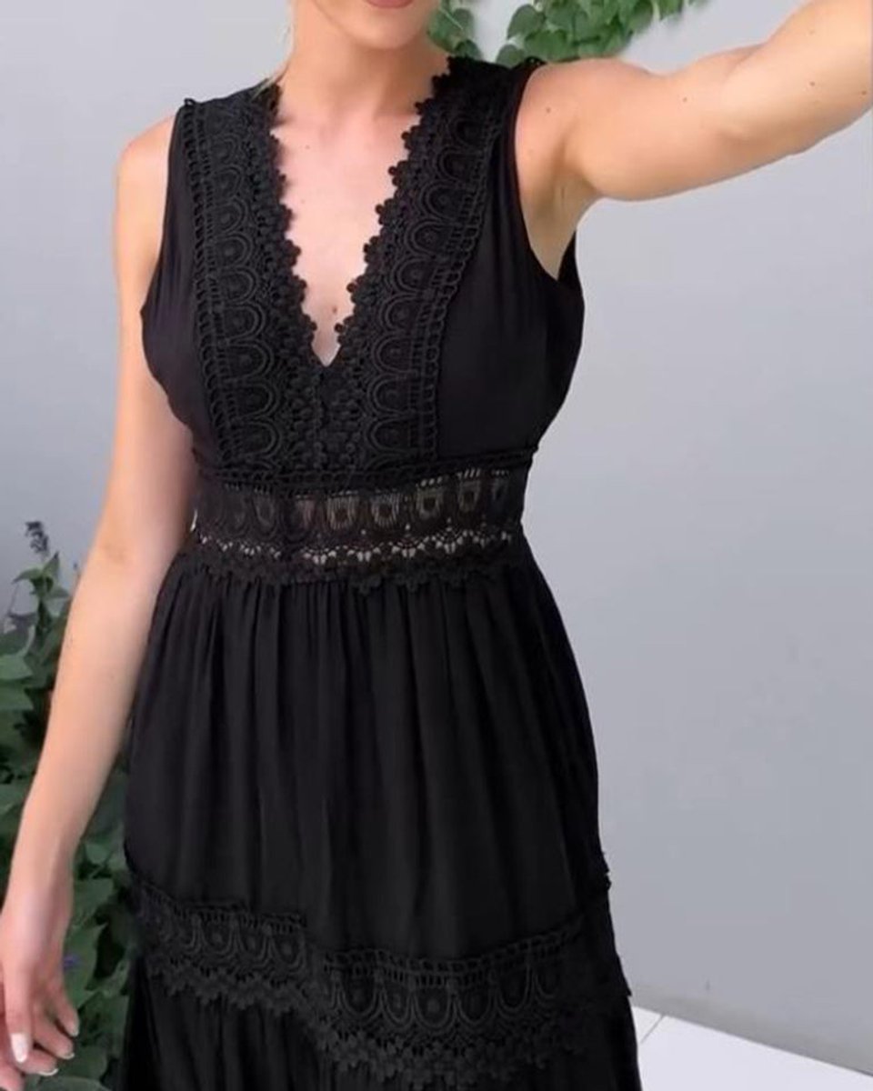 Women's Sleeveless Lace-Trim V-Neck Fall Midi Dress