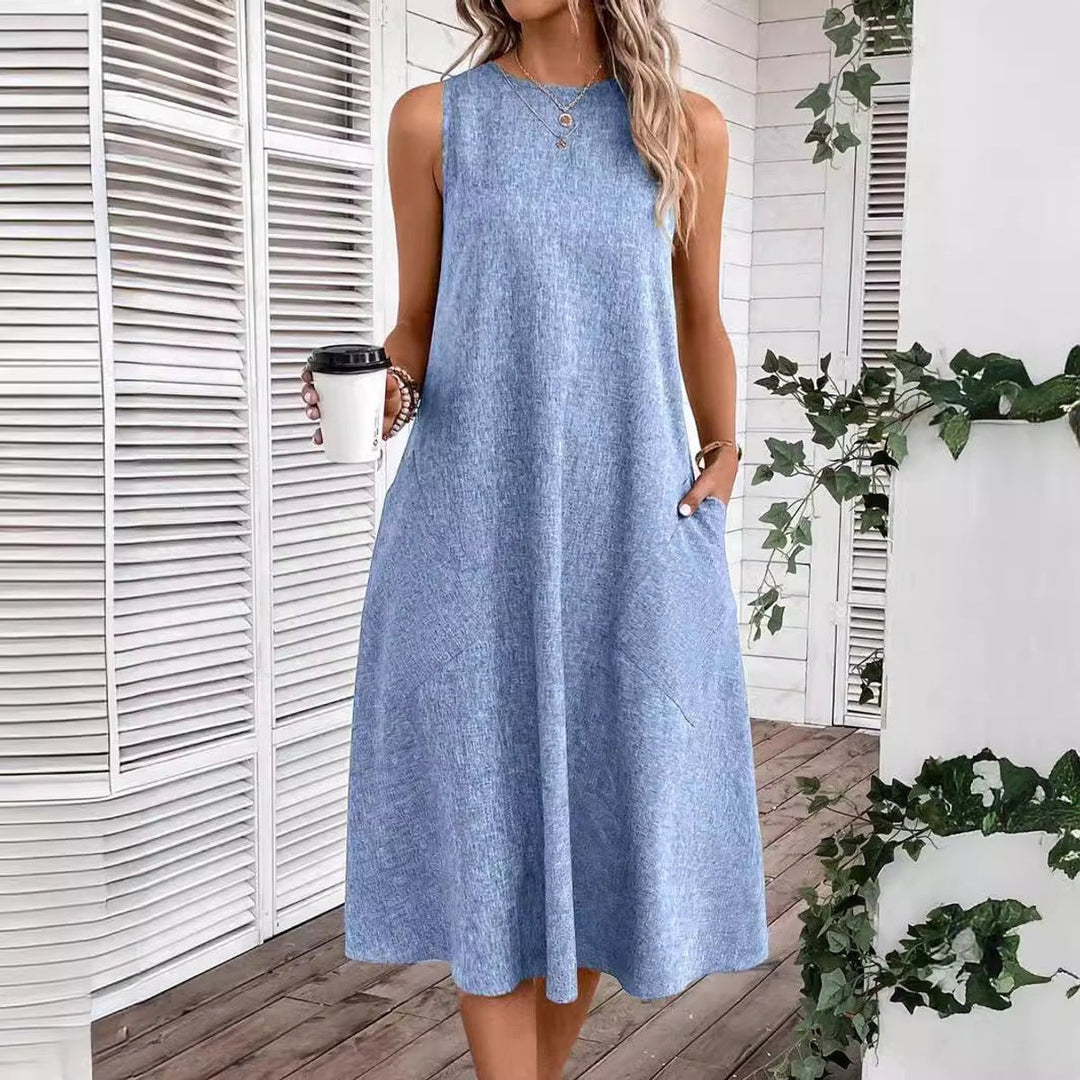 Women's Sleeveless Linen-Blend Fall Midi Dress Side Pockets