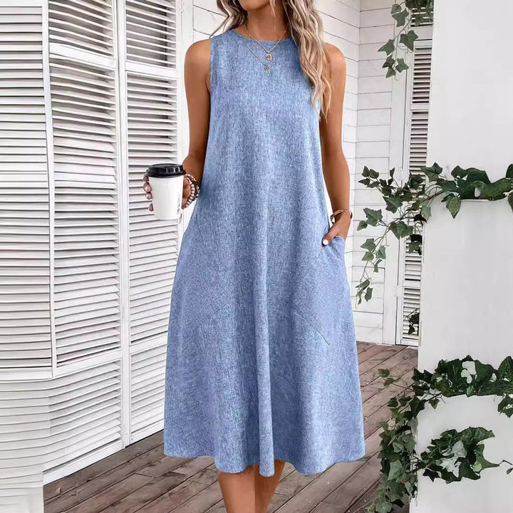 Women's Sleeveless Linen-Blend Fall Midi Dress Side Pockets