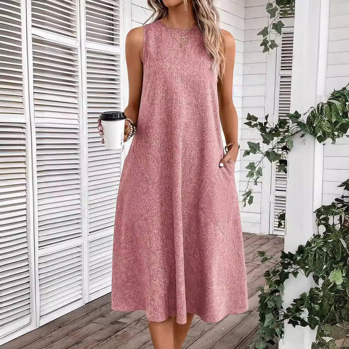 Women's Sleeveless Linen-Blend Fall Midi Dress Side Pockets