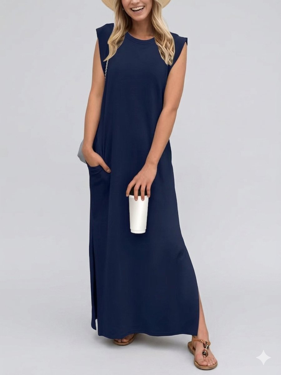 Women's Sleeveless Linen-Blend Fall Midi Dress Side Pockets