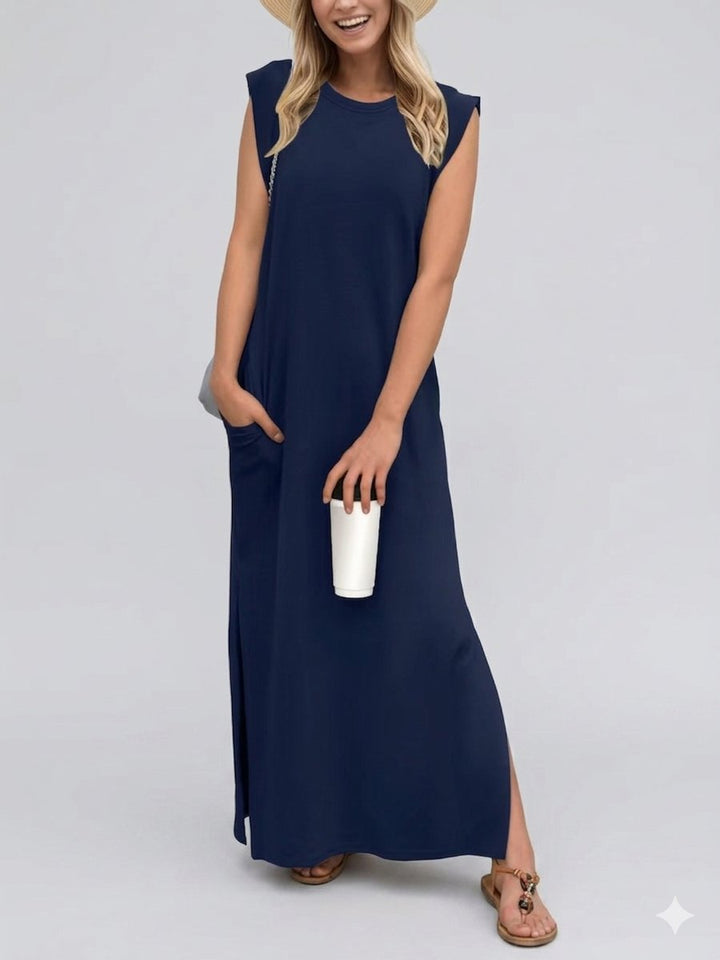 Women's Sleeveless Linen-Blend Fall Midi Dress Side Pockets