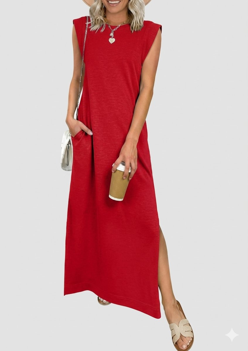 Women's Sleeveless Linen-Blend Fall Midi Dress Side Pockets