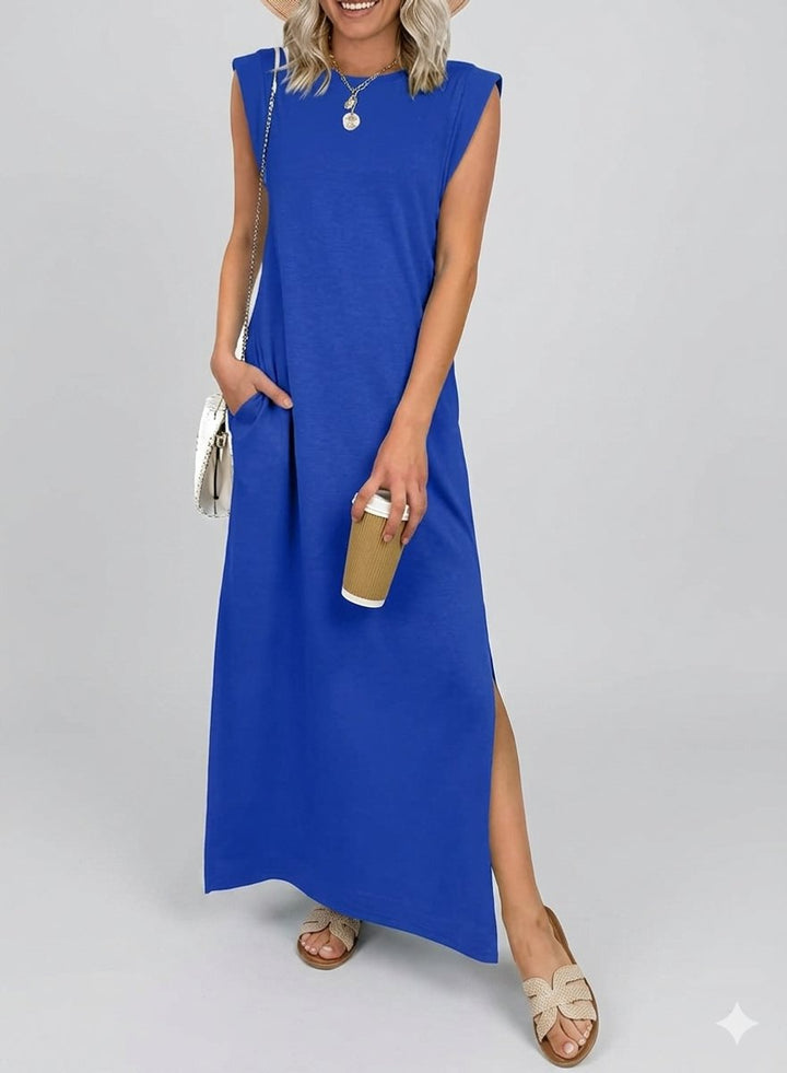 Women's Sleeveless Linen-Blend Fall Midi Dress Side Pockets