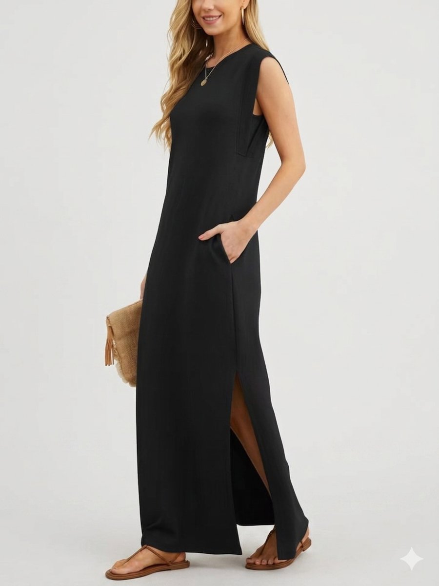 Women's Sleeveless Linen-Blend Fall Midi Dress Side Pockets