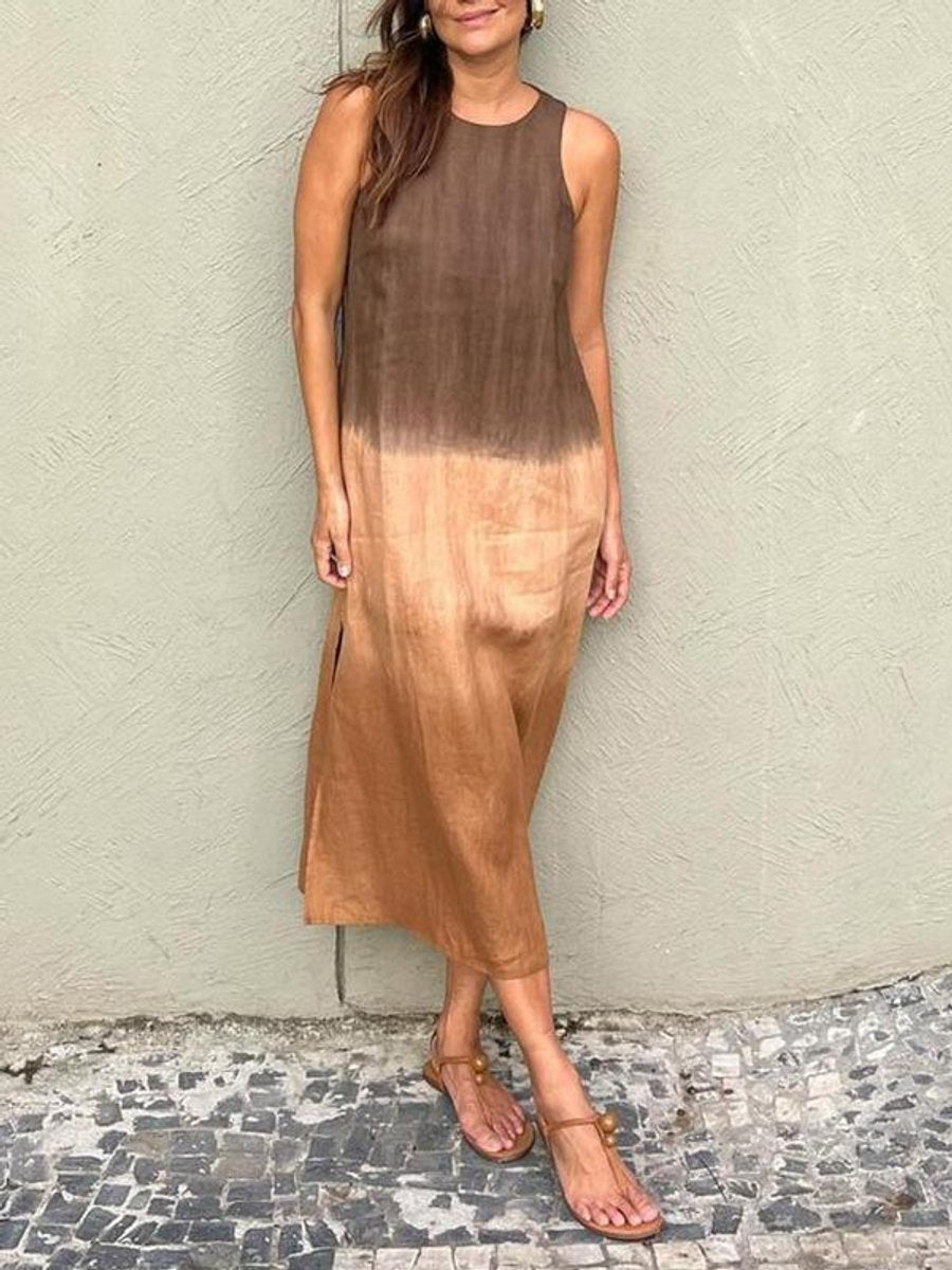 Women's Sleeveless Linen Blend Tie-Dye Fall Midi Dress