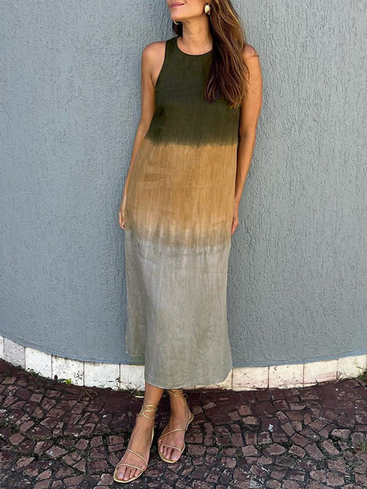 Women's Sleeveless Linen Blend Tie-Dye Fall Midi Dress