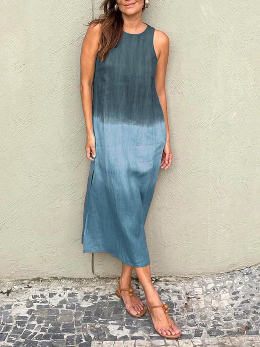 Women's Sleeveless Linen Blend Tie-Dye Fall Midi Dress