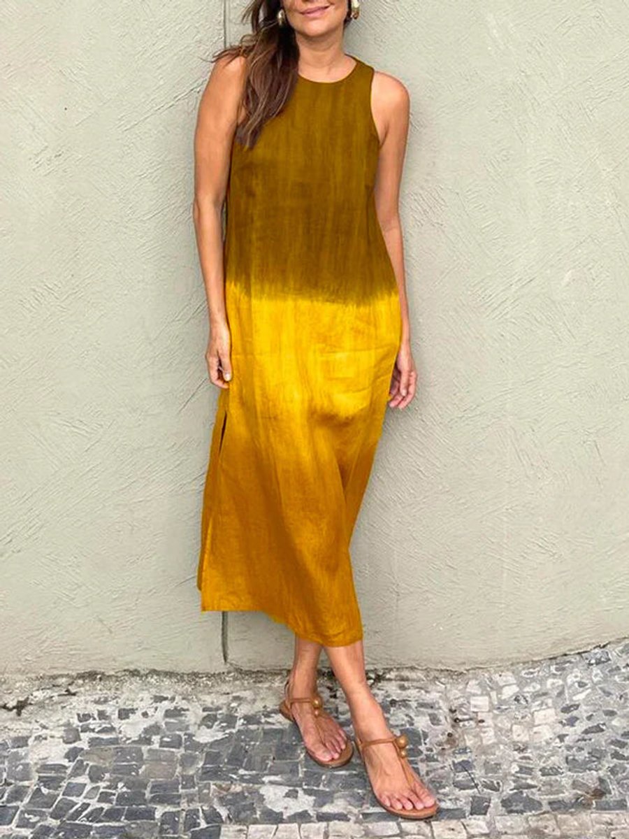 Women's Sleeveless Linen Blend Tie-Dye Fall Midi Dress