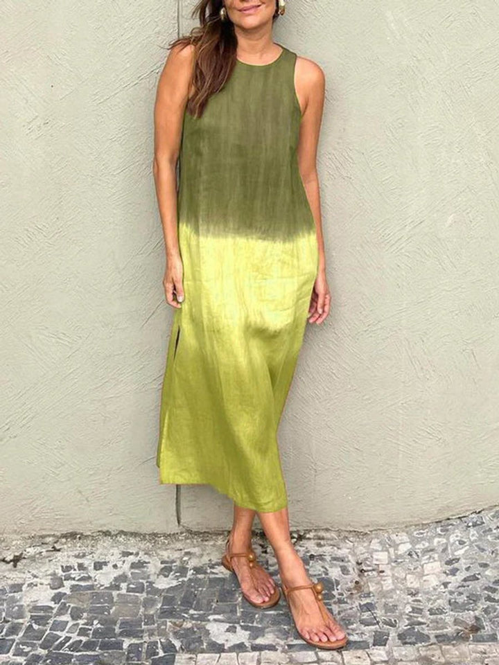 Women's Sleeveless Linen Blend Tie-Dye Fall Midi Dress